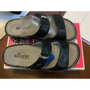 BNIB Black Alegria Leather Strap Slide Sandals